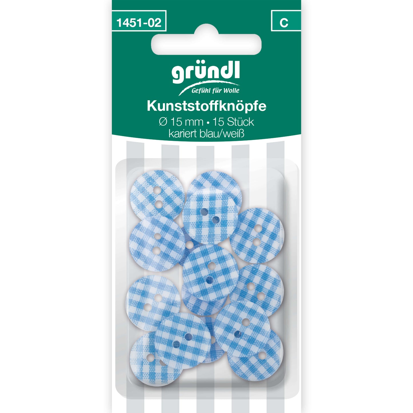 Kunststoffknöpfe, 15 Stück - blau weiss kariert