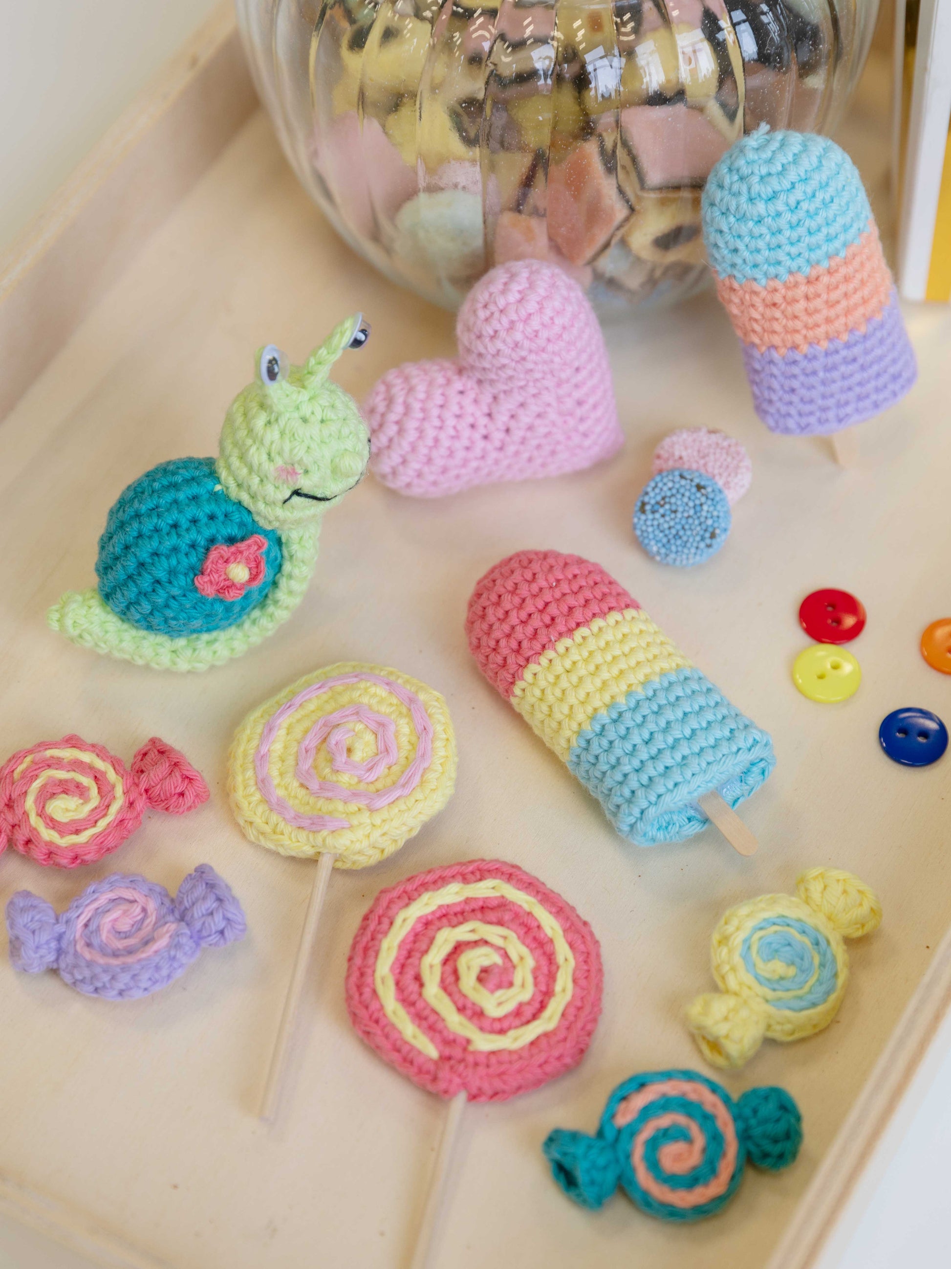 Amigurumi-Set „Candy“ - Schnecke, Eis, Lolly, Bonbons, Herz