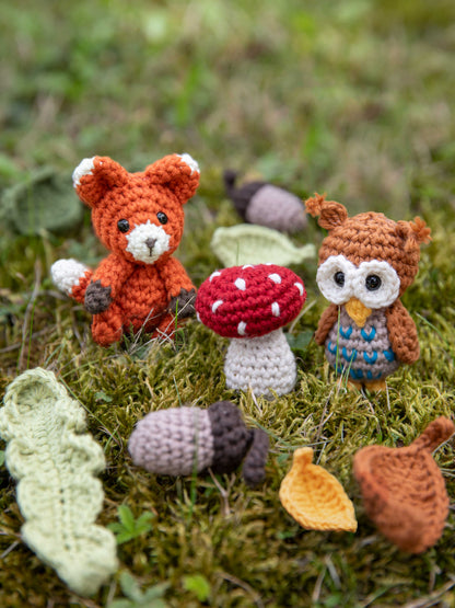 Amigurumi-Set „Nature“ - Eule, Fuchs, Pilz, Eichel, Blätter