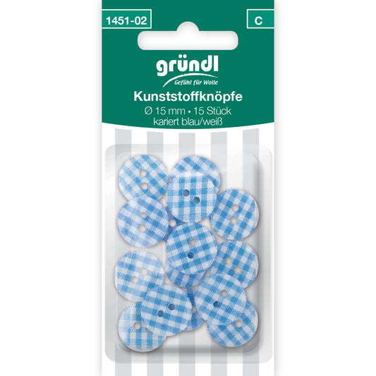 Kunststoffknöpfe, 15 Stück - blau weiss kariert
