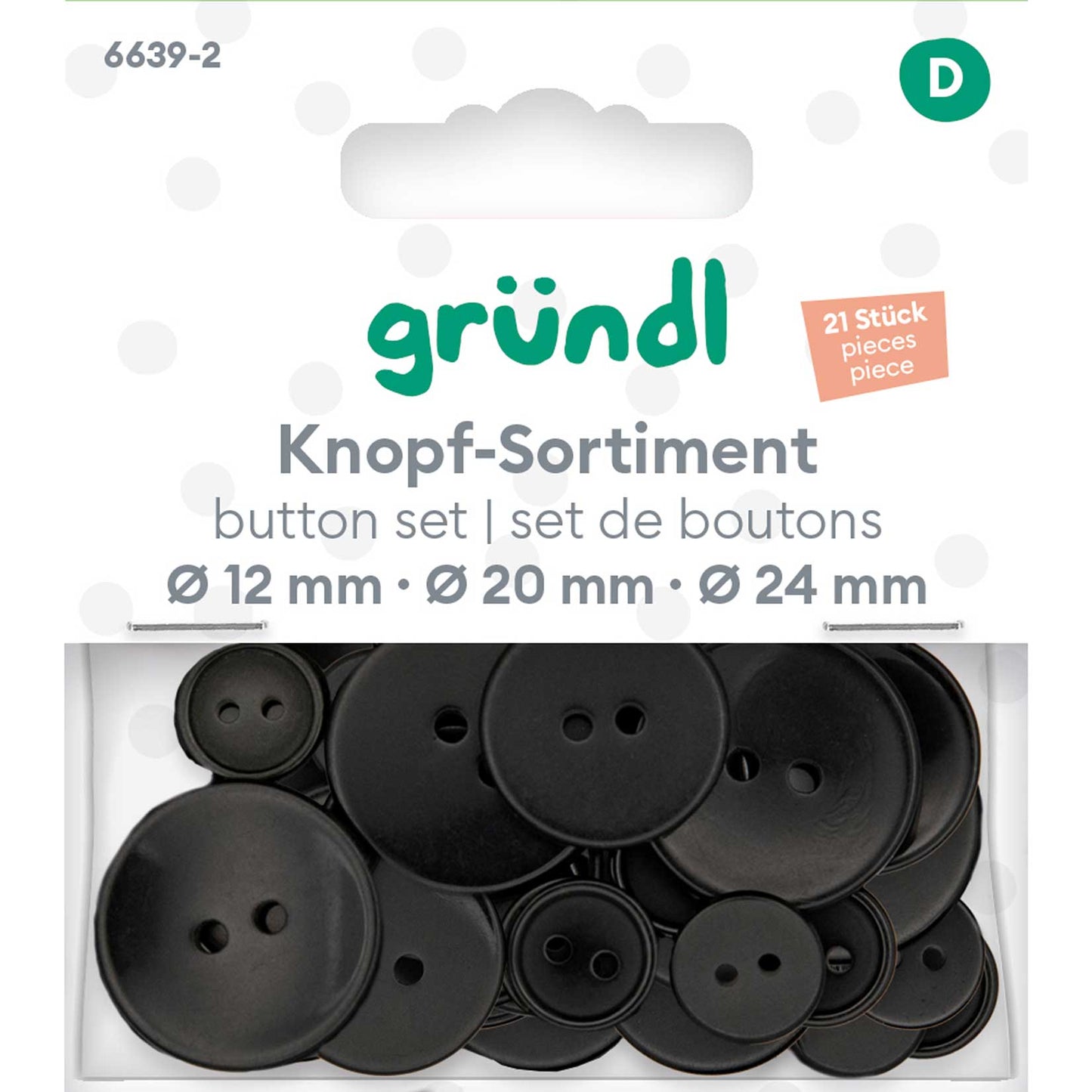 Assorted plastic buttons, Ø 12/20/24 mm, 21 pieces