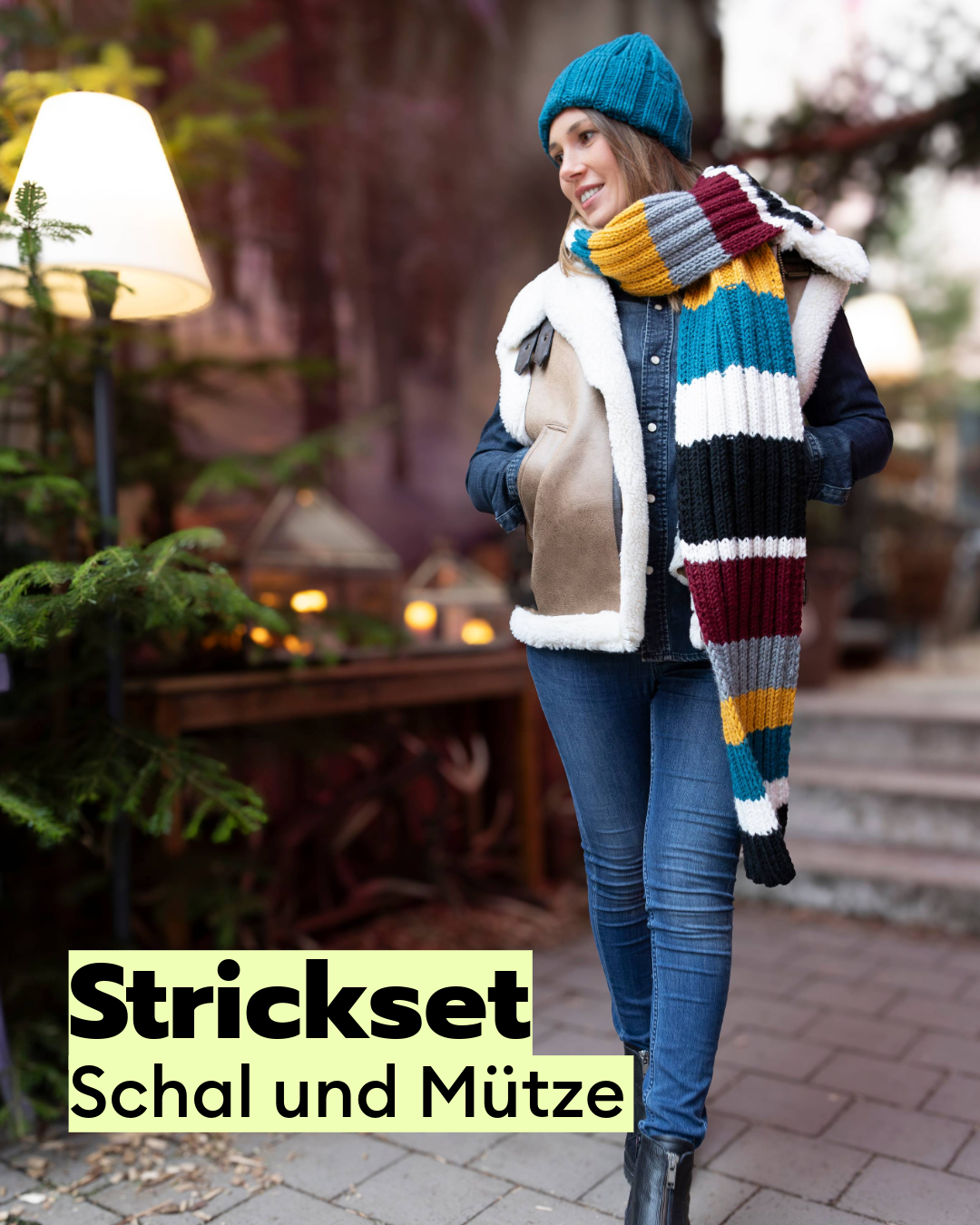 Strickset bunter Schal mit Blockstreifen und Mütze