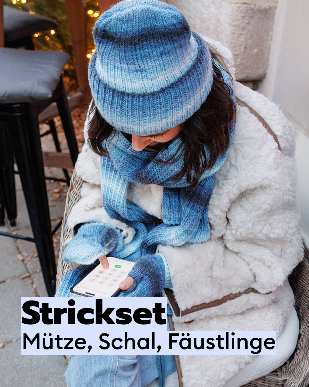 Knitting set: hat, scarf and mobile phone mittens from Papagallo