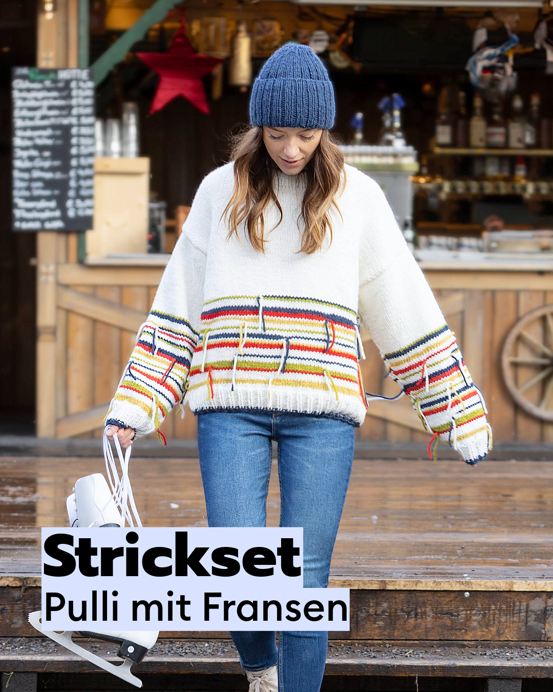 Kit de tricot Pull à rayures fines et franges + Bonnet