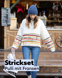 Strickset Pullover mit dünnen Streifen und Fransen + Mütze