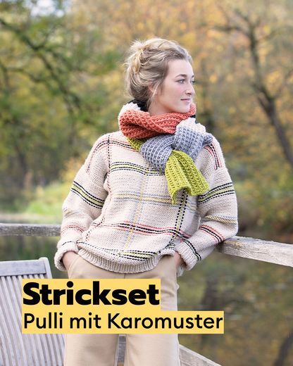Knitting set sweater with checked pattern - 20% wool content