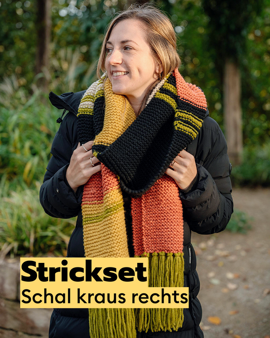 Kit tricot écharpe point mousse pour débutant.e.s avec franges aux couleurs d'automne