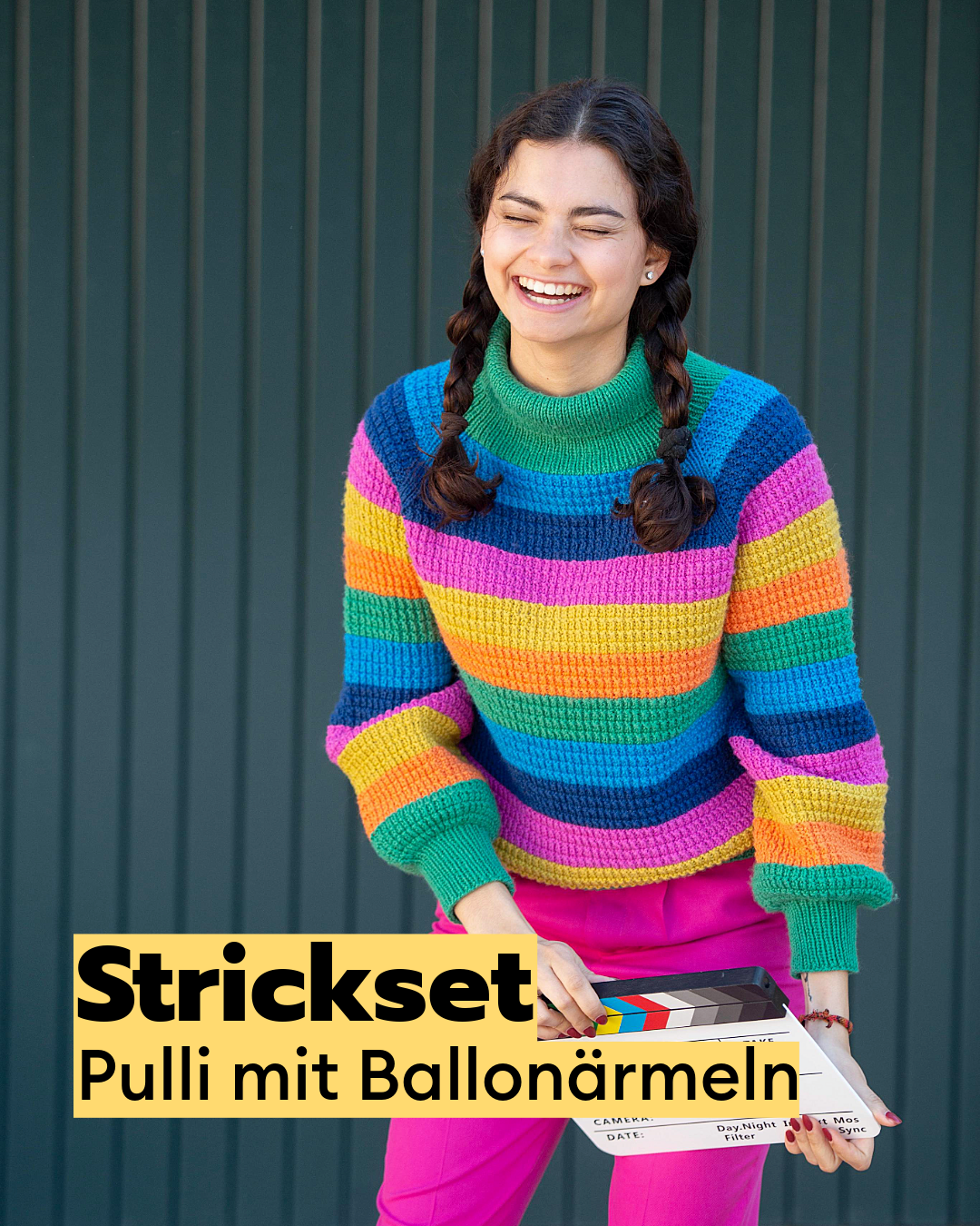 Knitting kit: colorful raglan sweater with balloon sleeves
