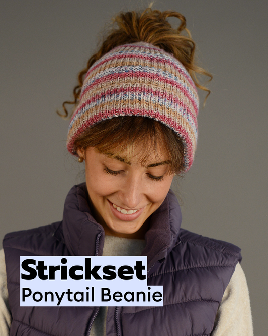 Kit de tricot bonnet queue de cheval (beige-bordeaux-graphite-blanc-royal-rouge-camel)
