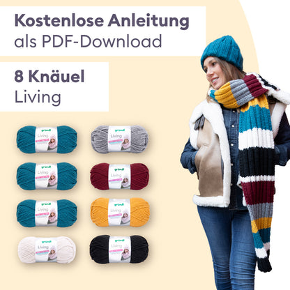 Strickset bunter Schal mit Blockstreifen und Mütze