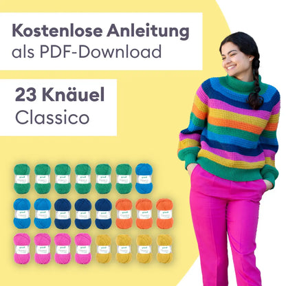 Knitting kit: colorful raglan sweater with balloon sleeves