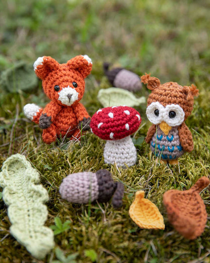 Anleitung Amigurumi-Set „Nature“ - Eule, Fuchs, Pilz, Eichel, Blätter