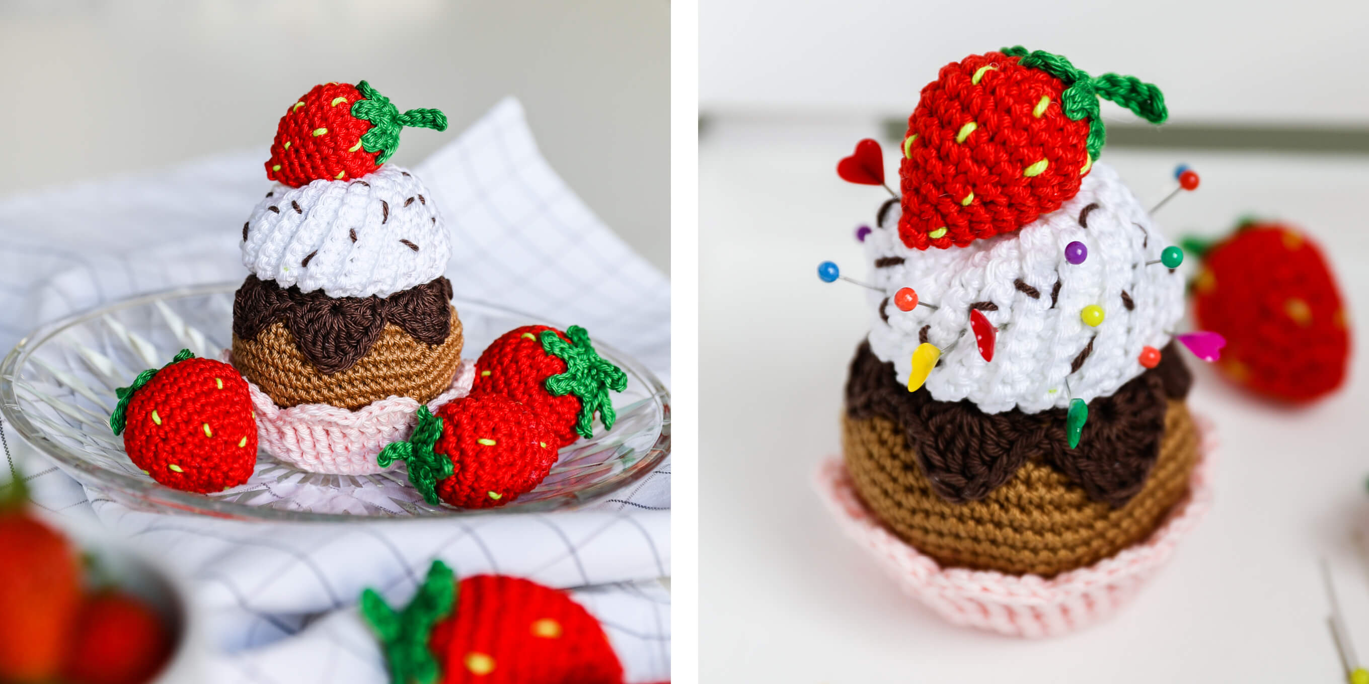 dekorative gehäkelter Cupcake mit Erdbeeren