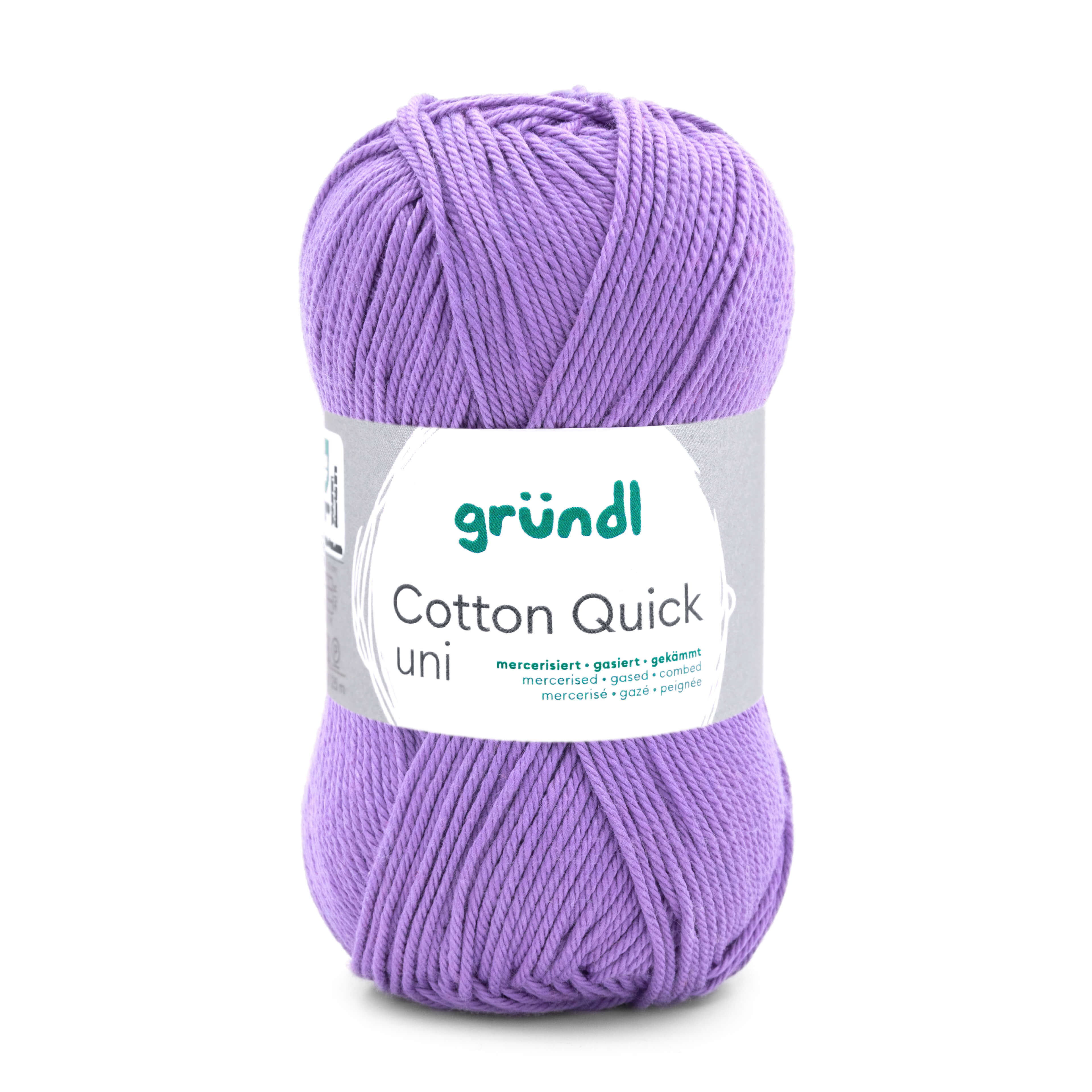 Gründl Cotton Quick uni in der Farbe Lavendel ideal für Handarbeitsprojekte aller Art, zum Stricken, Häkeln, für Amigurumis oder dünne Häkelkleidung. 100% Baumwolle, mercerisiert, gasiert und gekämmt