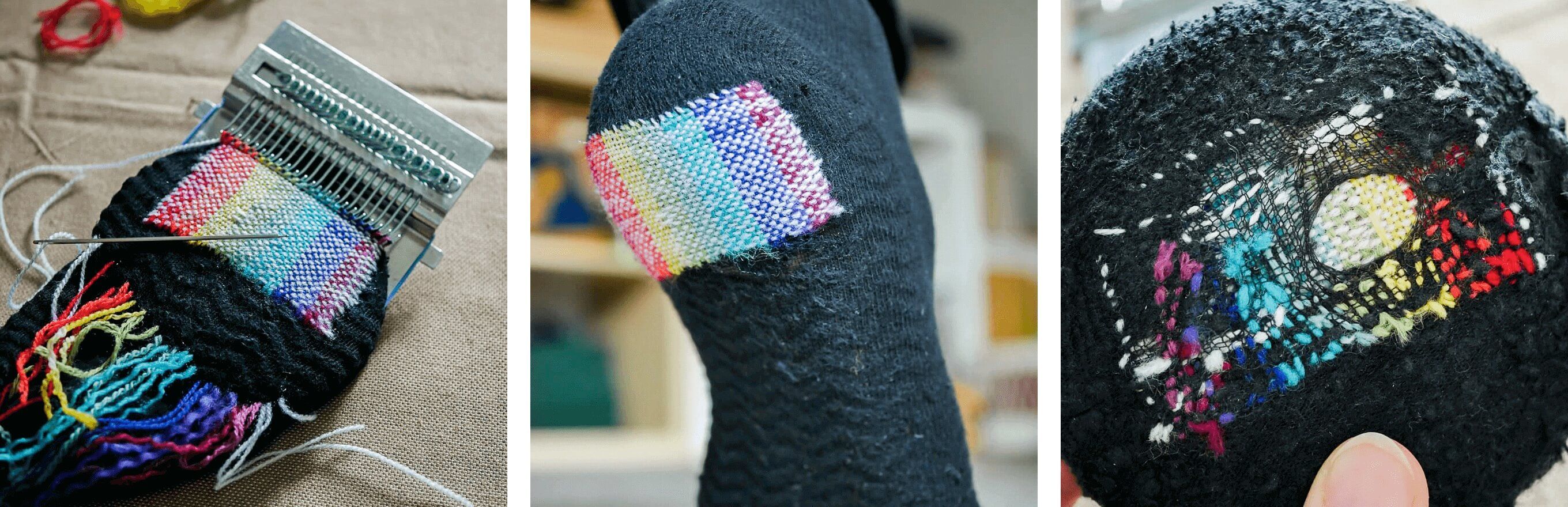 kaputte Socke mit Regenbogen-Muster reparieren