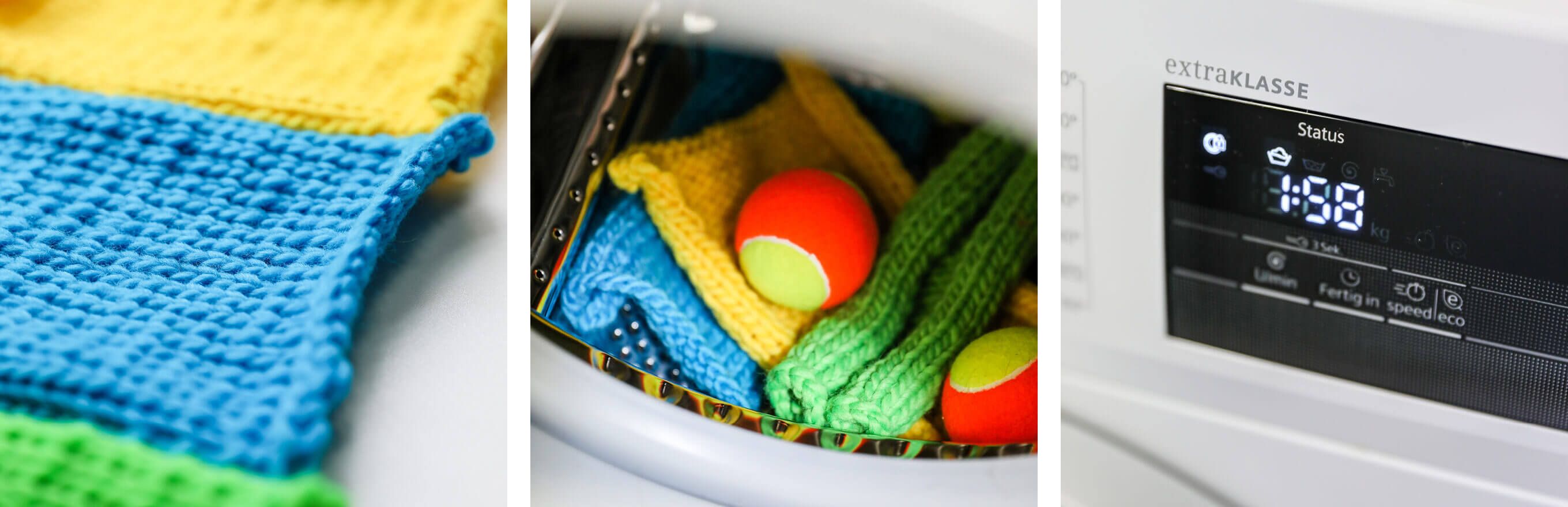 Strickstück + Wolle mit Tennisball + Waschmaschine
